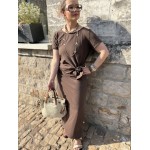 Robe longue tee-shirt chocolat – Nœud taille & fente – Taille unique 36 à 42 | Melle Jeanne
