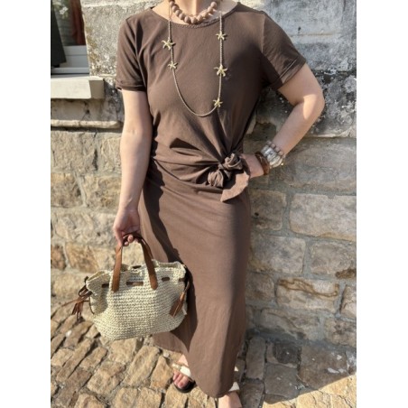 Robe longue tee-shirt chocolat – Nœud taille & fente – Taille unique 36 à 42 | Melle Jeanne