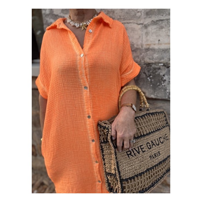 Robe longue orange délavé – Gaze de coton, col chemise, taille unique 36 à 44 | Melle Jeanne