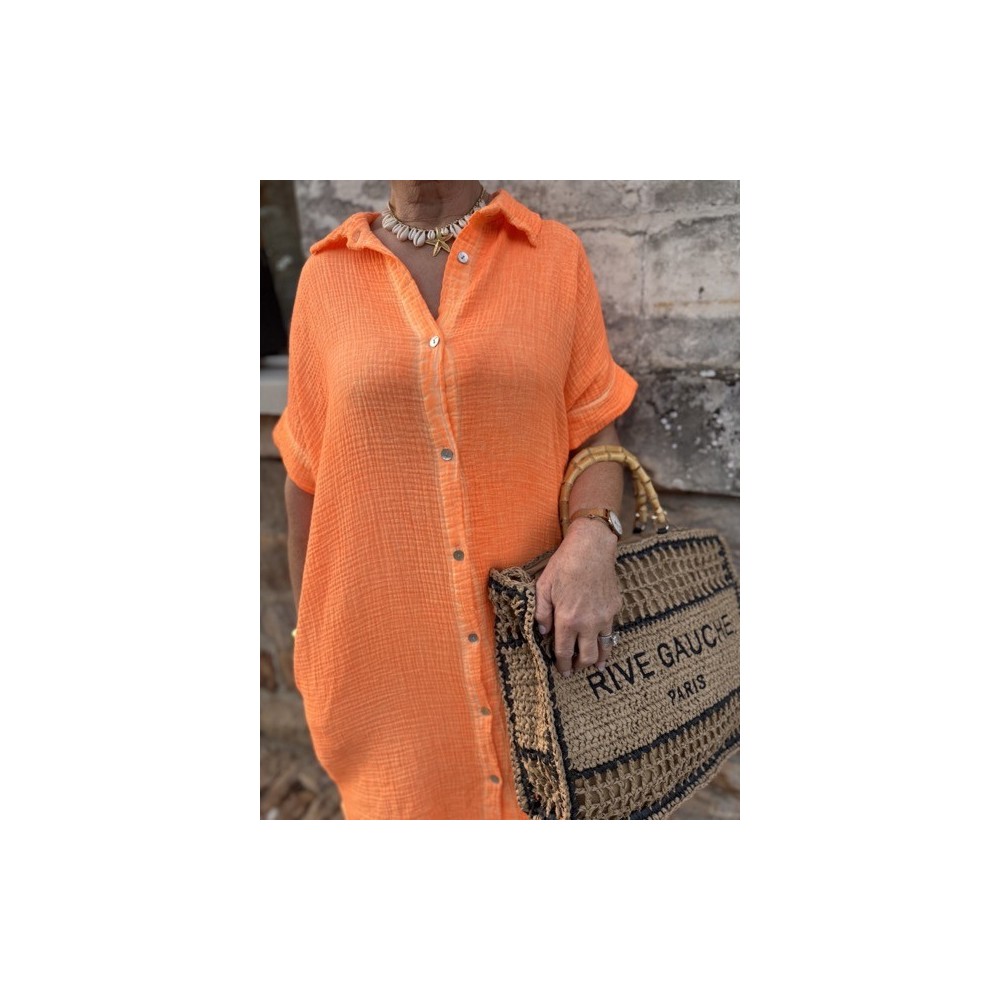 Robe longue orange délavé – Gaze de coton, col chemise, taille unique 36 à 44 | Melle Jeanne Robe longue orange délavé – Gaze de coton, col chemise, taille unique 36 à 44 | Melle Jeanne