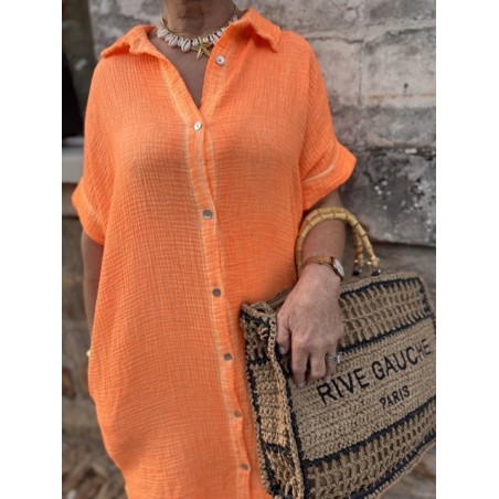 Robe longue orange délavé – Gaze de coton, col chemise, taille unique 36 à 44 | Melle Jeanne