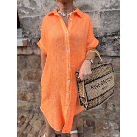 Robe longue orange délavé – Gaze de coton, col chemise, taille unique 36 à 44 | Melle Jeanne
