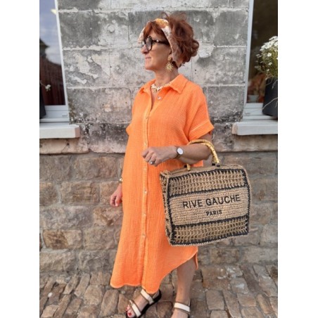 Robe longue orange délavé – Gaze de coton, col chemise, taille unique 36 à 44 | Melle Jeanne