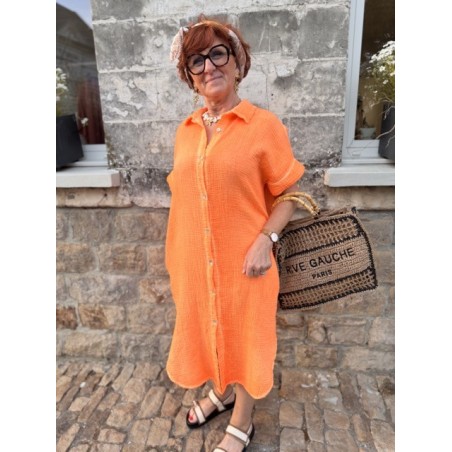 Robe longue orange délavé – Gaze de coton, col chemise, taille unique 36 à 44 | Melle Jeanne