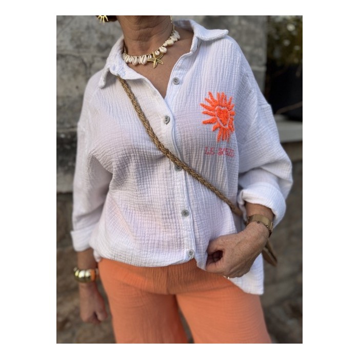 Chemise blanche en gaze de coton – Soleil orange brodé – Taille unique 36 à 42 | Melle Jeanne