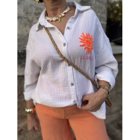 Chemise blanche en gaze de coton – Soleil orange brodé – Taille unique 36 à 42 | Melle Jeanne