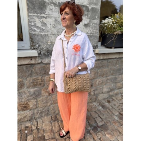 Chemise blanche en gaze de coton – Soleil orange brodé – Taille unique 36 à 42 | Melle Jeanne