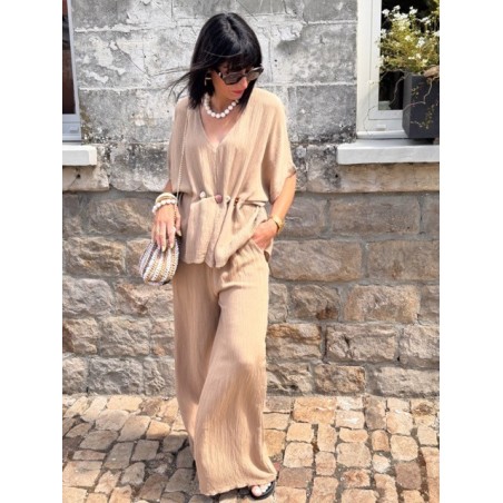 Pantalon fluide taille unique beige ou terracotta – Taille élastique | 36 à 42 | Collection Le Soleil