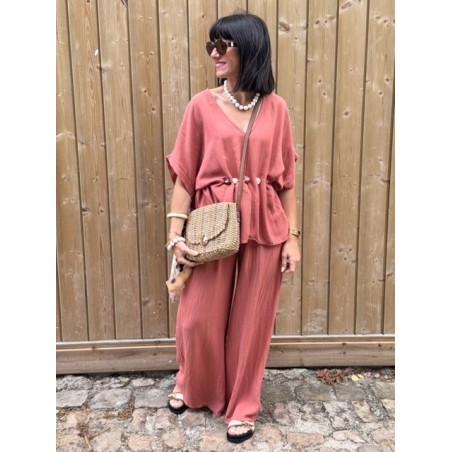 Pantalon fluide taille unique beige ou terracotta – Taille élastique | 36 à 42 | Collection Le Soleil
