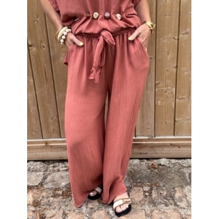 Pantalon fluide taille unique beige ou terracotta – Taille élastique | 36 à 42 | Collection Le Soleil