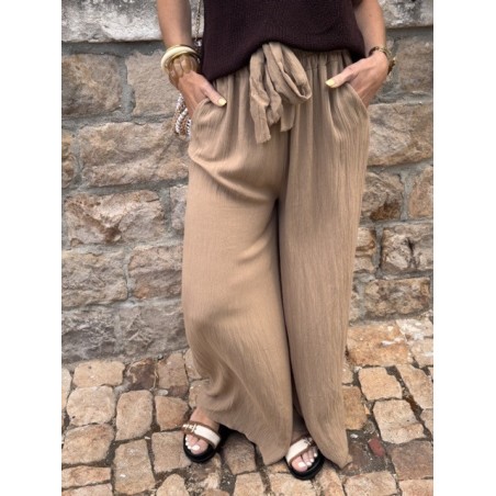 Pantalon fluide taille unique beige ou terracotta – Taille élastique | 36 à 42 | Collection Le Soleil