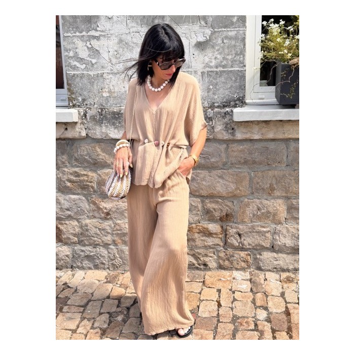 Top fluide taille unique terracotta ou beige – Manches larges & ceinture coquillages | Collection Le Soleil