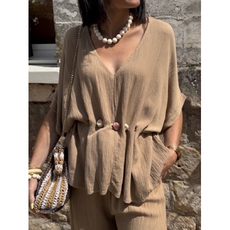 Top fluide taille unique terracotta ou beige – Manches larges & ceinture coquillages | Collection Le Soleil