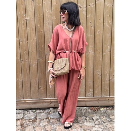 Top fluide taille unique terracotta ou beige – Manches larges & ceinture coquillages | Collection Le Soleil