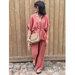 Top fluide taille unique terracotta ou beige – Manches larges & ceinture coquillages | Collection Le Soleil
