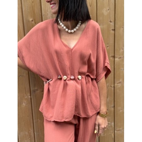 Top fluide taille unique terracotta ou beige – Manches larges & ceinture coquillages | Collection Le Soleil