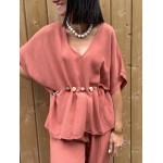 Top fluide taille unique terracotta ou beige – Manches larges & ceinture coquillages | Collection Le Soleil