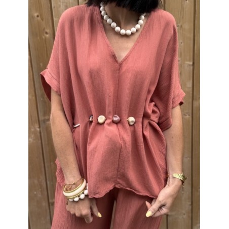 Top fluide taille unique terracotta ou beige – Manches larges & ceinture coquillages | Collection Le Soleil