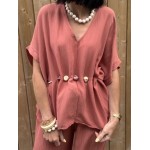 Top fluide taille unique terracotta ou beige – Manches larges & ceinture coquillages | Collection Le Soleil