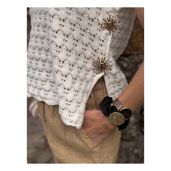 Top crochet blanc taille XS/S ou M/L – Détails soleils dorés | Collection Le Soleil