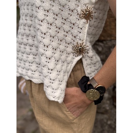 Top crochet blanc taille XS/S ou M/L – Détails soleils dorés | Collection Le Soleil