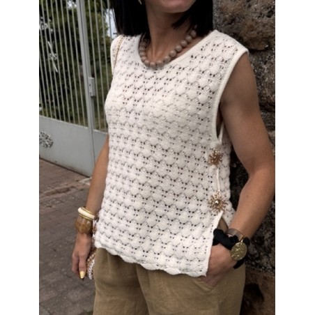 Top crochet blanc taille XS/S ou M/L – Détails soleils dorés | Collection Le Soleil