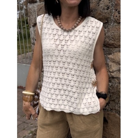 Top crochet blanc taille XS/S ou M/L – Détails soleils dorés | Collection Le Soleil