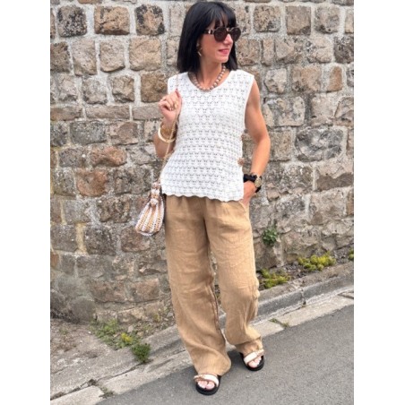 Top crochet blanc taille XS/S ou M/L – Détails soleils dorés | Collection Le Soleil