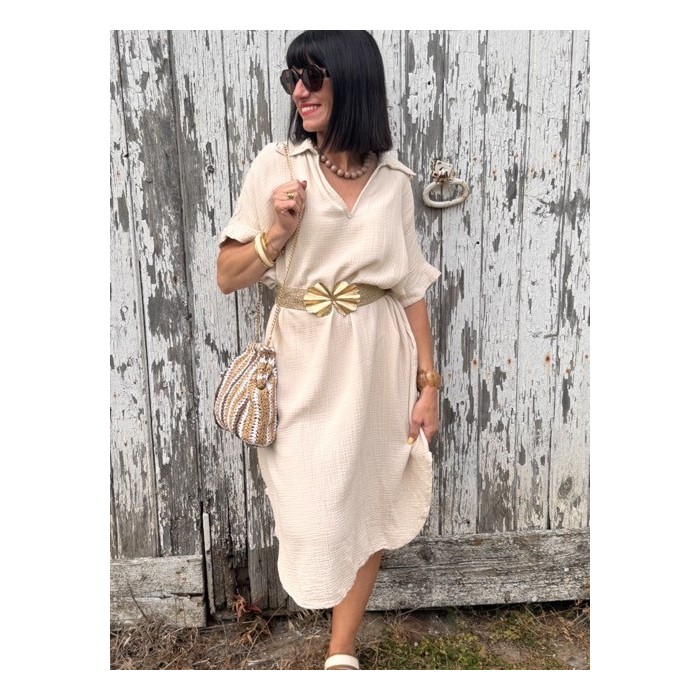 Robe longue écrue effet gaze de coton – Col chemise | Collection Le Soleil