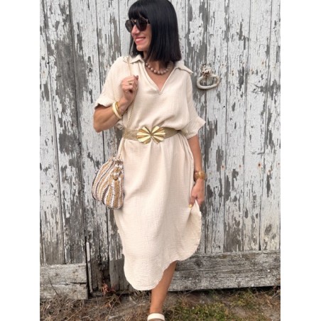 Robe longue écrue effet gaze de coton – Col chemise | Collection Le Soleil