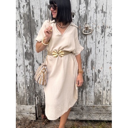 Robe longue écrue effet gaze de coton – Col chemise | Collection Le Soleil