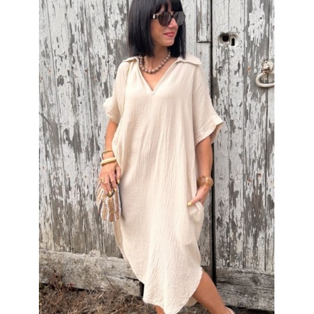 Robe longue écrue effet gaze de coton – Col chemise | Collection Le Soleil