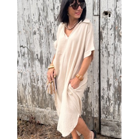 Robe longue écrue effet gaze de coton – Col chemise | Collection Le Soleil