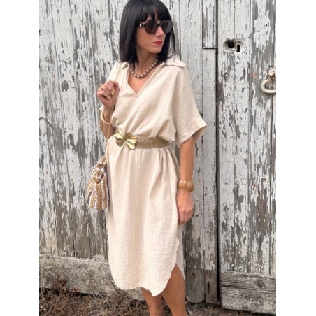 Robe longue écrue effet gaze de coton – Col chemise | Collection Le Soleil