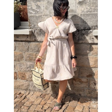 Robe courte taille unique effet gaze de coton – Cache-cœur & taille élastiquée avec broderies florales | Collection Le Soleil