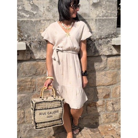 Robe courte taille unique effet gaze de coton – Cache-cœur & taille élastiquée avec broderies florales | Collection Le Soleil