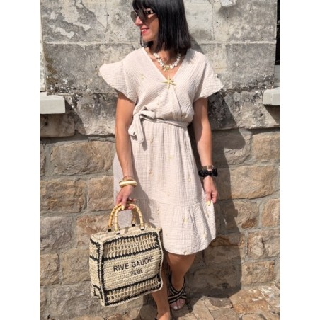 Robe courte taille unique effet gaze de coton – Cache-cœur & taille élastiquée avec broderies florales | Collection Le Soleil