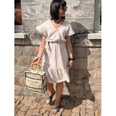 Robe courte taille unique effet gaze de coton – Cache-cœur & taille élastiquée avec broderies florales | Collection Le Soleil