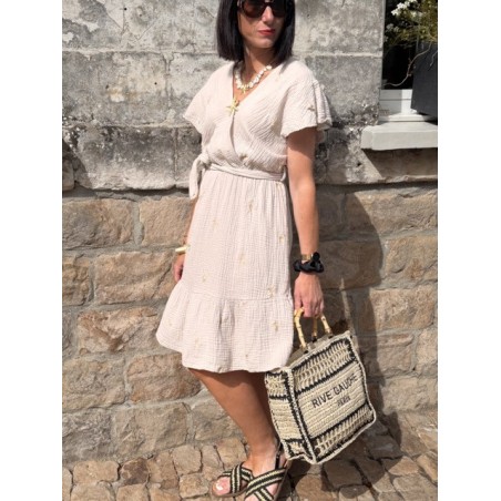 Robe courte taille unique effet gaze de coton – Cache-cœur & taille élastiquée avec broderies florales | Collection Le Soleil
