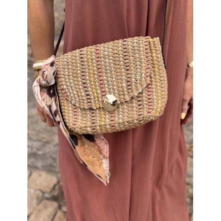 Petit sac en raphia multicolore – Bandoulière blanche ou marron | Accessoire estival bohème | Collection Le Soleil