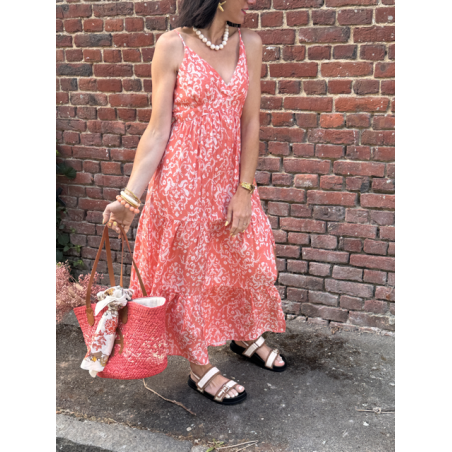 Robe corail fluide à bretelles réglables – Fente – S M L | Melle Jeanne Été 2025