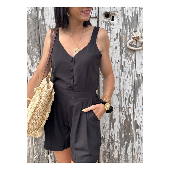Combishort noire à boutons cœur – Taille S M L | Melle Jeanne Été 2025