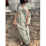 Robe longue kaki clair brodée – Taille unique 36 à 44 | Melle Jeanne