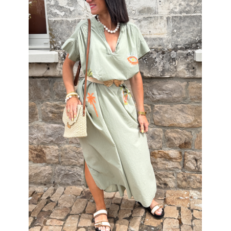Robe longue kaki clair brodée – Taille unique 36 à 44 | Melle Jeanne