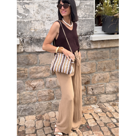 Pochette tressée marron blanc camel – Chaîne dorée | Melle Jeanne