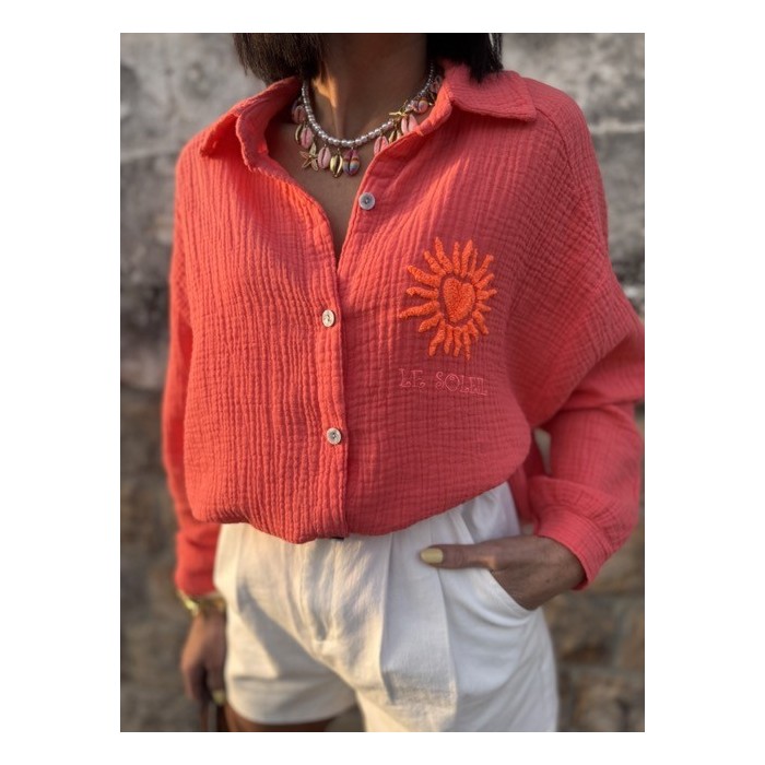 Chemise corail gaze de coton avec soleil brodé – Taille unique 36 à 42 | Melle Jeanne