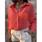 Chemise corail gaze de coton avec soleil brodé – Taille unique 36 à 42 | Melle Jeanne