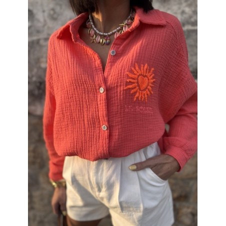 Chemise corail gaze de coton avec soleil brodé – Taille unique 36 à 42 | Melle Jeanne