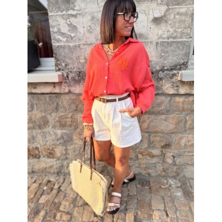 Chemise corail gaze de coton avec soleil brodé – Taille unique 36 à 42 | Melle Jeanne