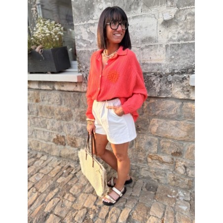 Chemise corail gaze de coton avec soleil brodé – Taille unique 36 à 42 | Melle Jeanne